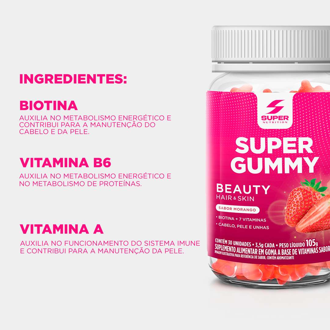 Compre 2 Leve 3 Super Gummy Beauty Hair Skin Morango (30 gomas)