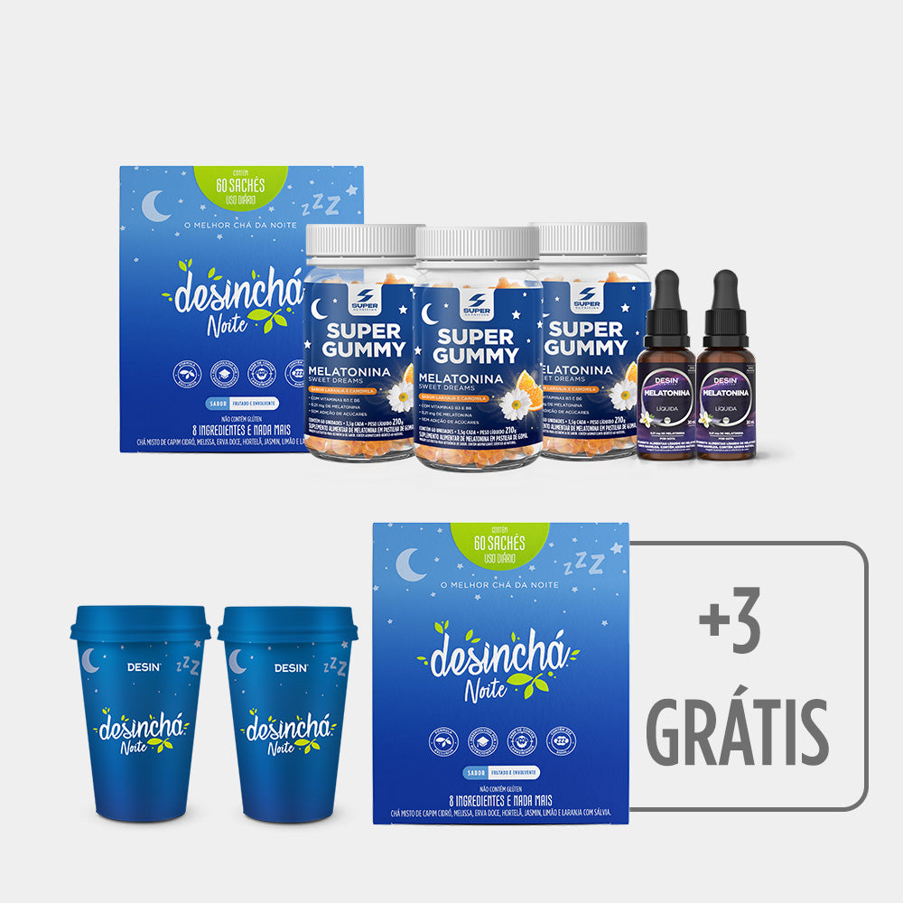 Kit 03 Gummy Melatonina + 02 Melatonina Líquida + Desinchá Noite + Brindes
